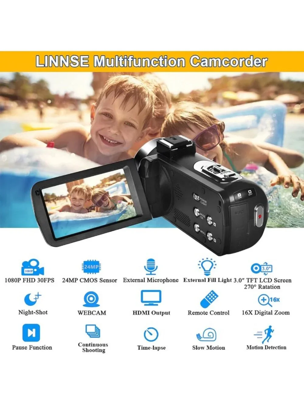 Full HD 1080P Video Camera Camcorder with Night Vision, 16X Zoom & Remote